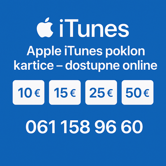 Apple iTunes poklon kartice – dostupne online u iznosima 10€, 15€, 25€ i 50€, kontakt telefon 061 158 96 60